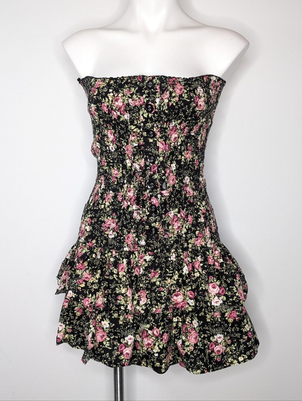 Vintage Y2K Deb Black Pink Floral Ruffle Layered Tube Top Strapless Mini Dress M
